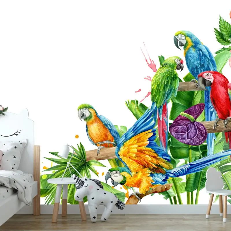 Wall mural colorful tropical macaws illustration