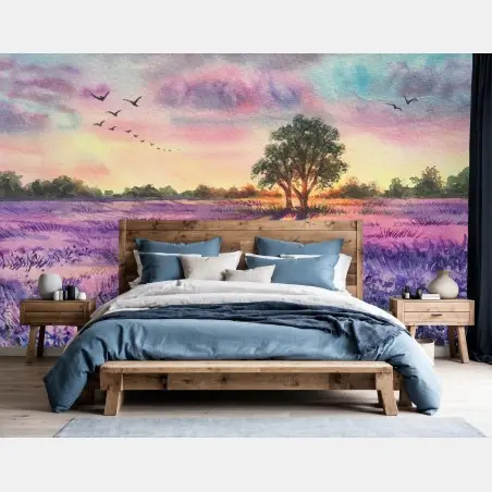 Wall mural lavender sunset meadow • Wallissimo®