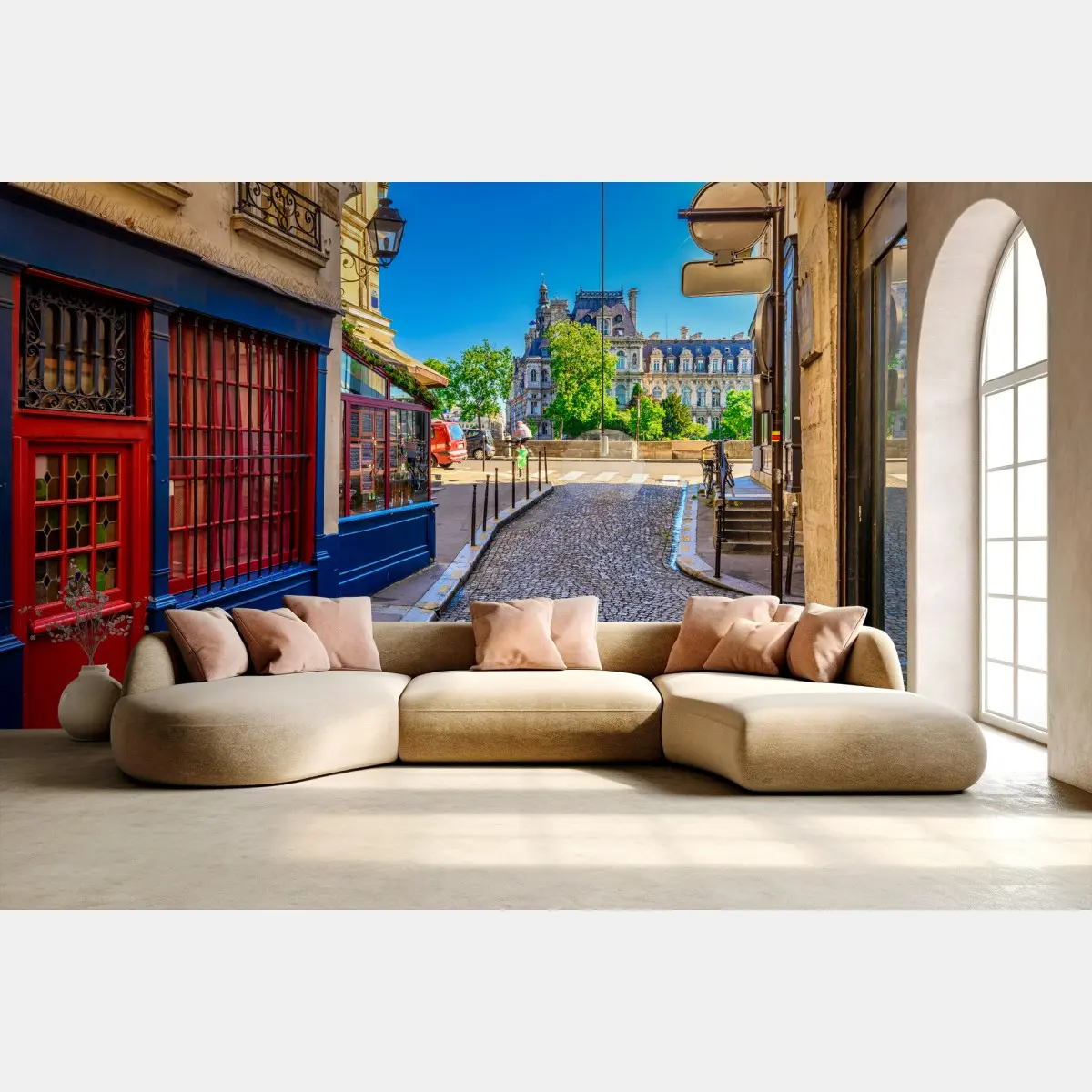 Wall mural charming Paris street with cobblestones • Wallissimo®