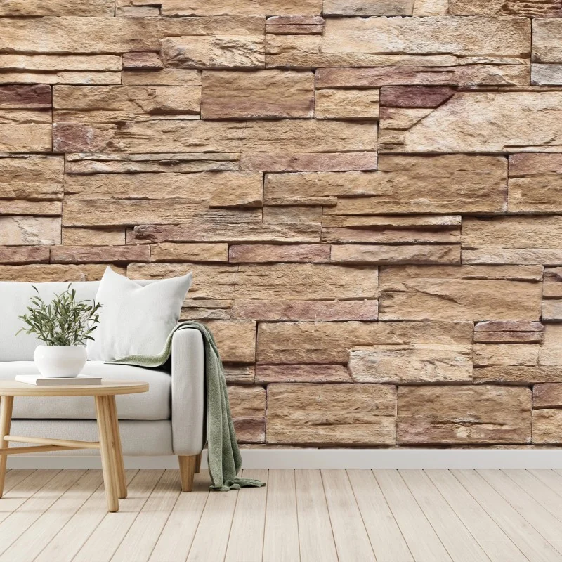 Wall mural stacked beige stone wall texture • Wallissimo®