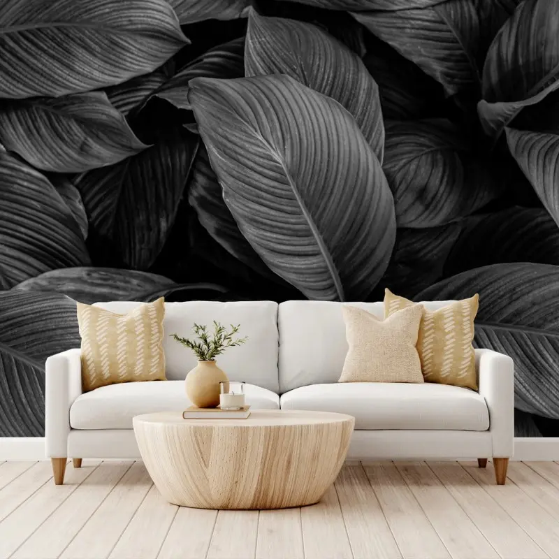 Wall mural monochrome tropical leaves