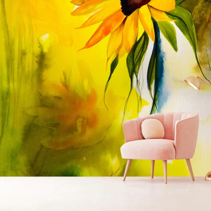Wall mural golden sunflower watercolor bloom