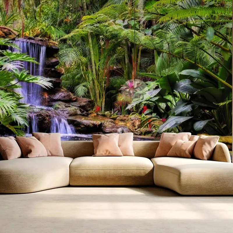 Wall mural serene tropical waterfall garden oasis