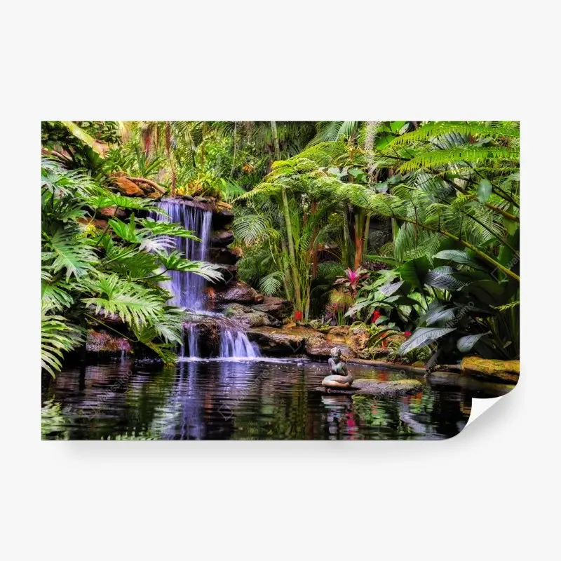 Wall mural serene tropical waterfall garden oasis