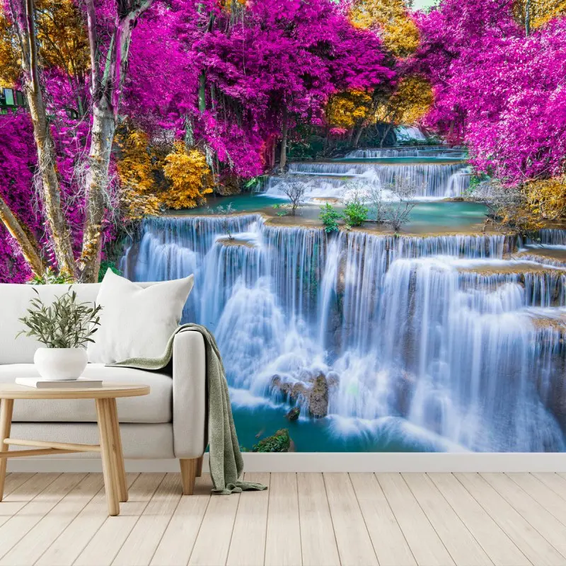 Wall mural vivid purple waterfall cascade in lush forest