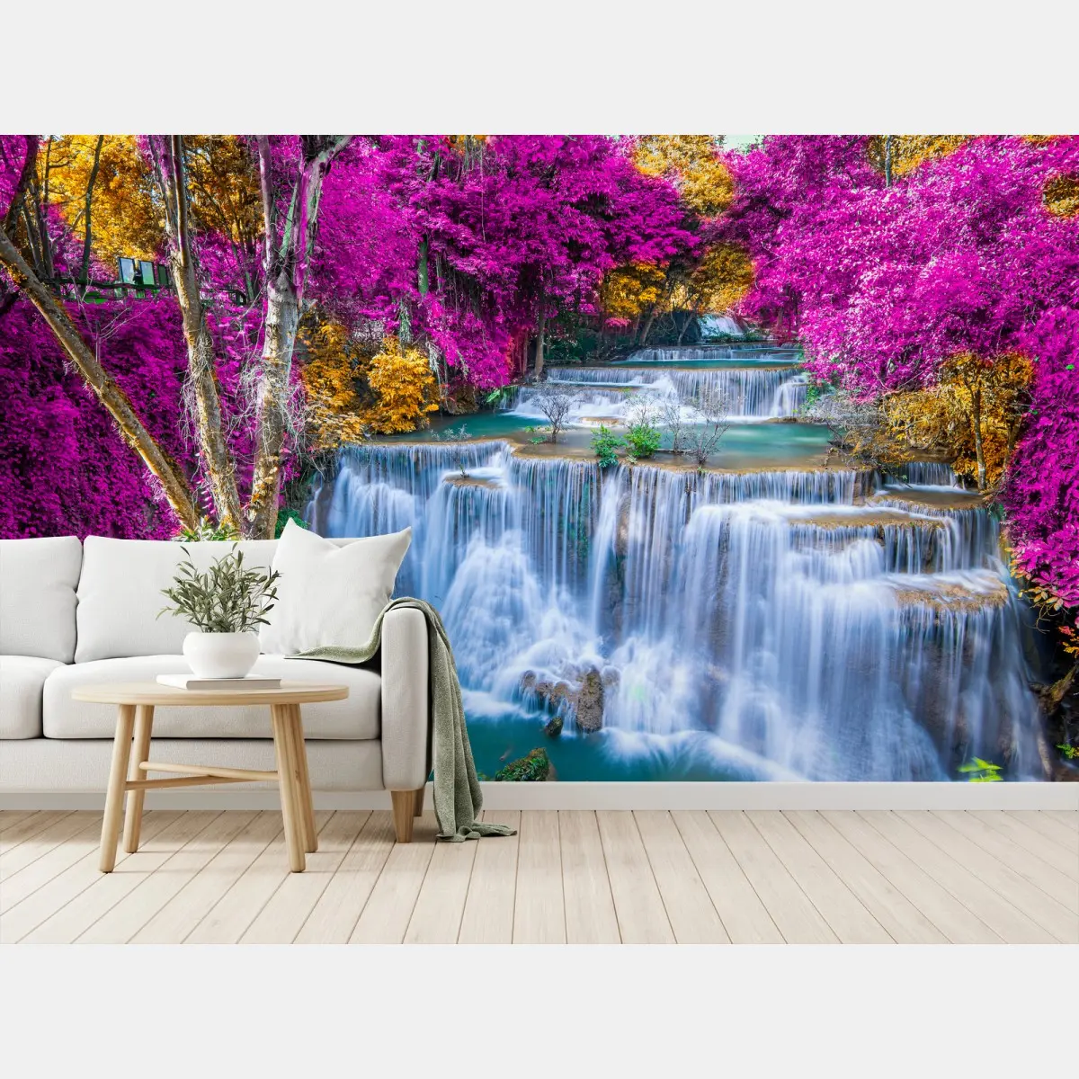 Wall mural vivid purple waterfall cascade in lush forest • Wallissimo®