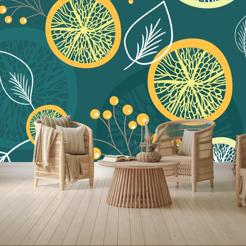 Wall mural teal botanical citrus pattern