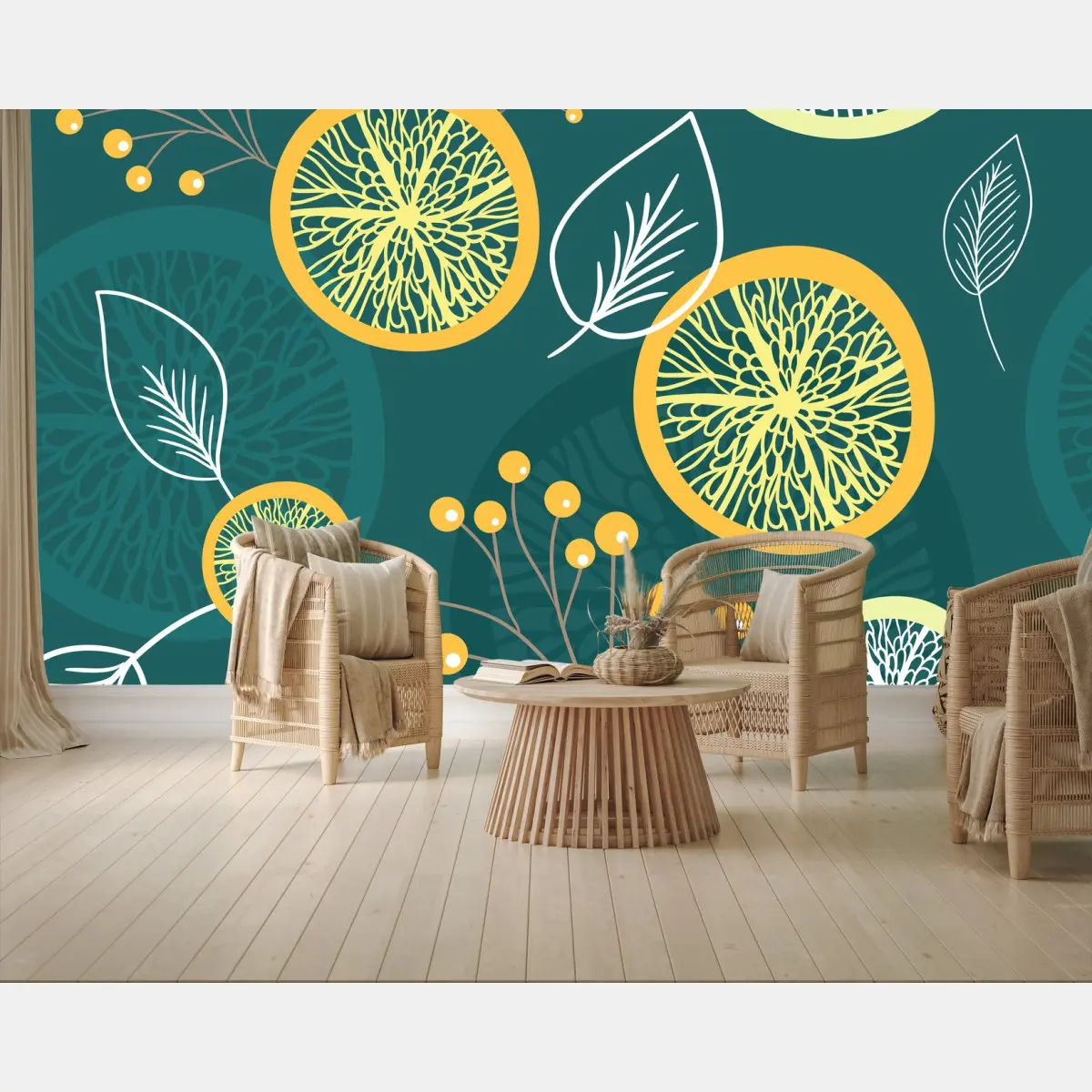 Wall mural teal botanical citrus pattern • Wallissimo®