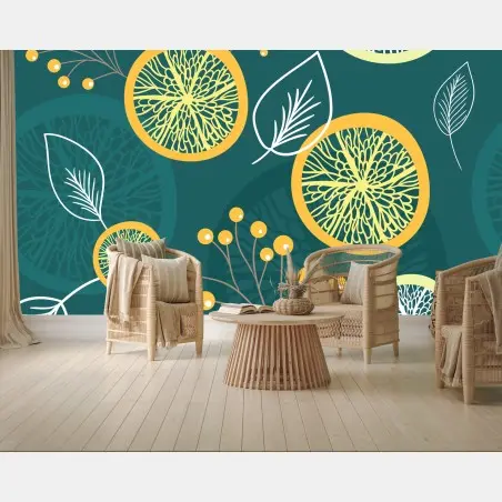 Wall mural teal botanical citrus pattern • Wallissimo®