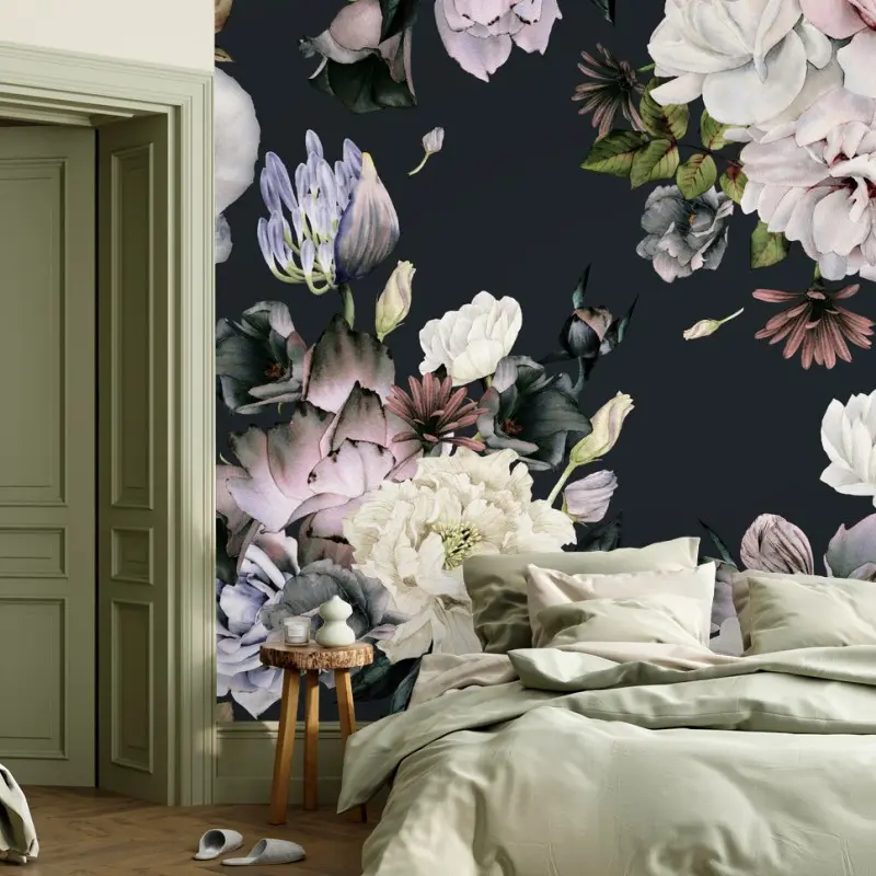 Wall mural delicate watercolor floral pattern on dark background