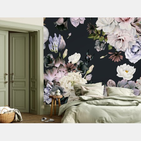 Wall mural delicate watercolor floral pattern on dark background • Wallissimo®