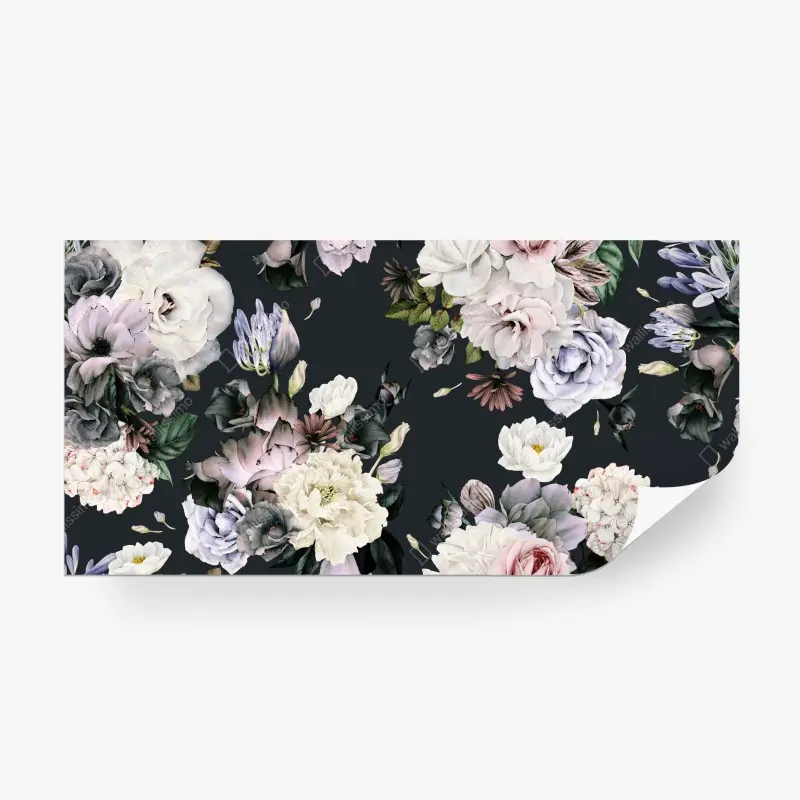 Wall mural delicate watercolor floral pattern on dark background