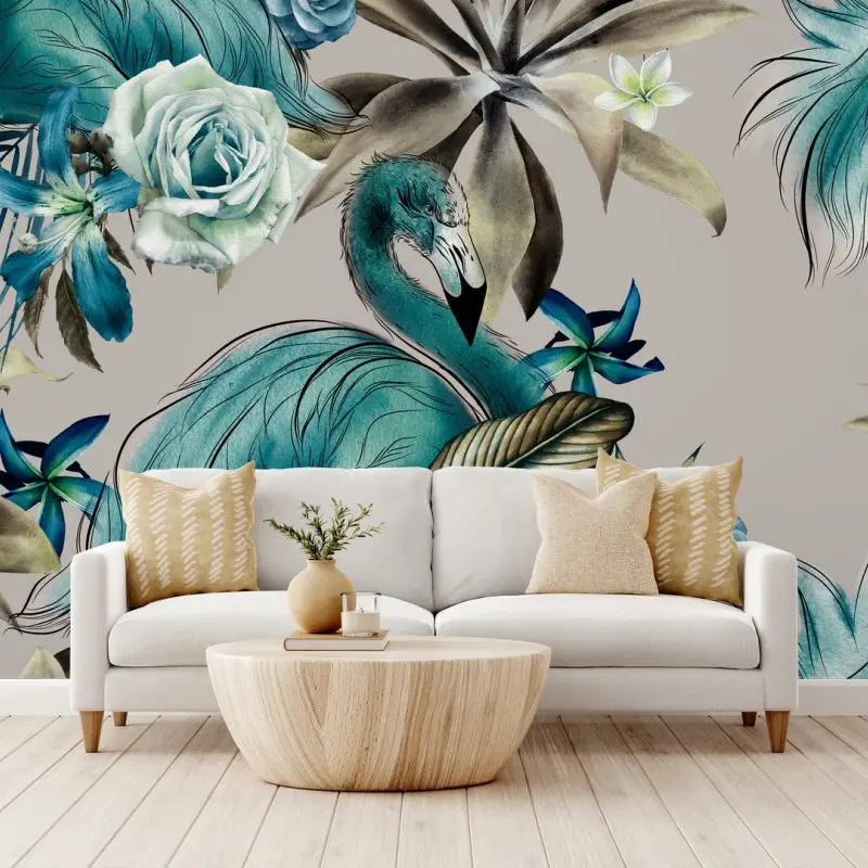 Wall mural turquoise flamingo tropical floral pattern