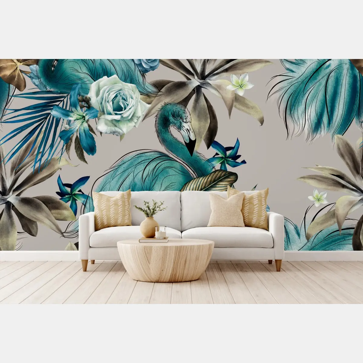 Wall mural turquoise flamingo tropical floral pattern • Wallissimo®