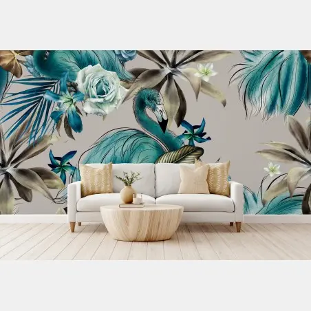 Wall mural turquoise flamingo tropical floral pattern • Wallissimo®