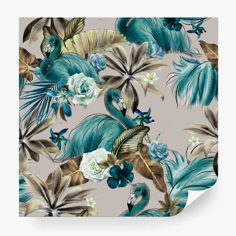 Wall mural turquoise flamingo tropical floral pattern