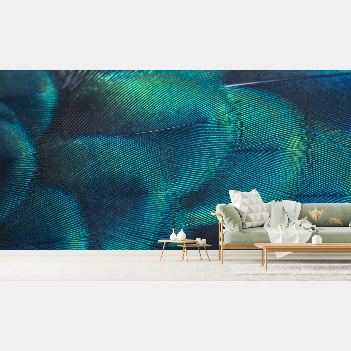 Wall mural iridescent peacock feather close-up • Wallissimo®