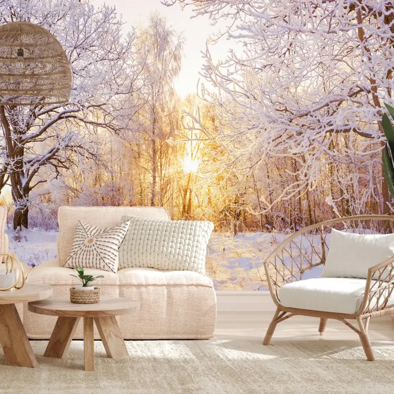Wall mural snowy winter forest sunrise panorama