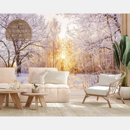 Wall mural snowy winter forest sunrise panorama • Wallissimo®