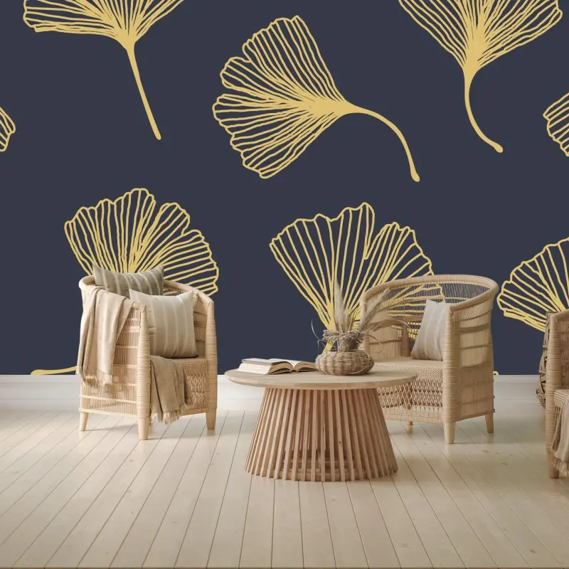 Wall mural gold ginkgo leaves on navy background