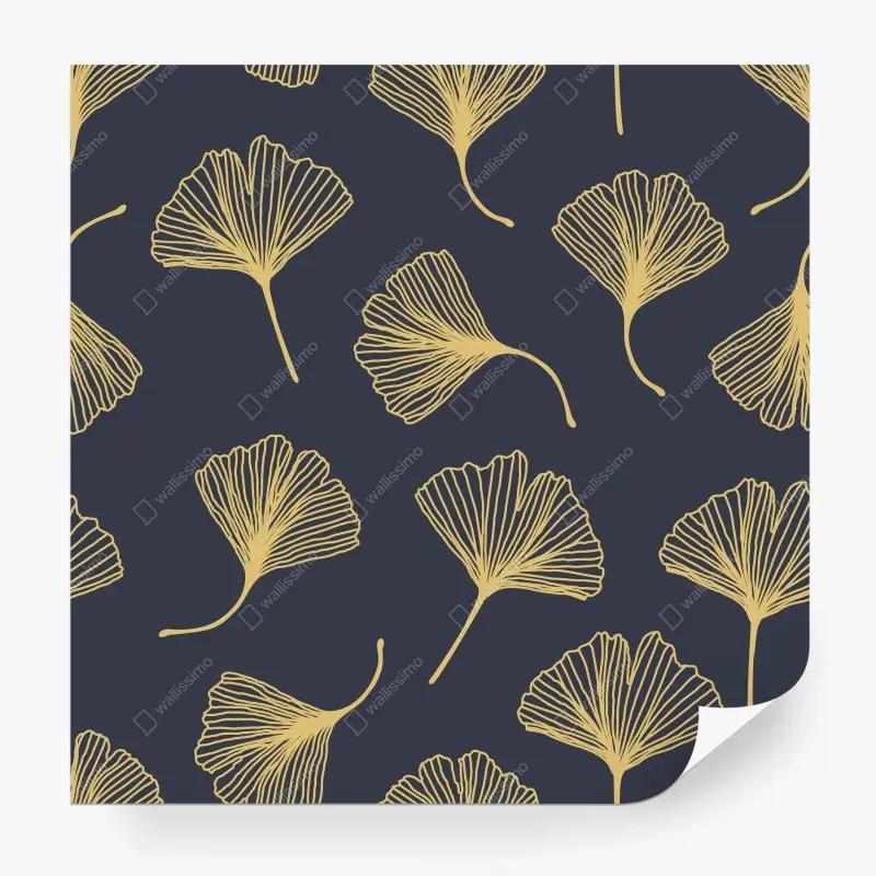 Wall mural gold ginkgo leaves on navy background