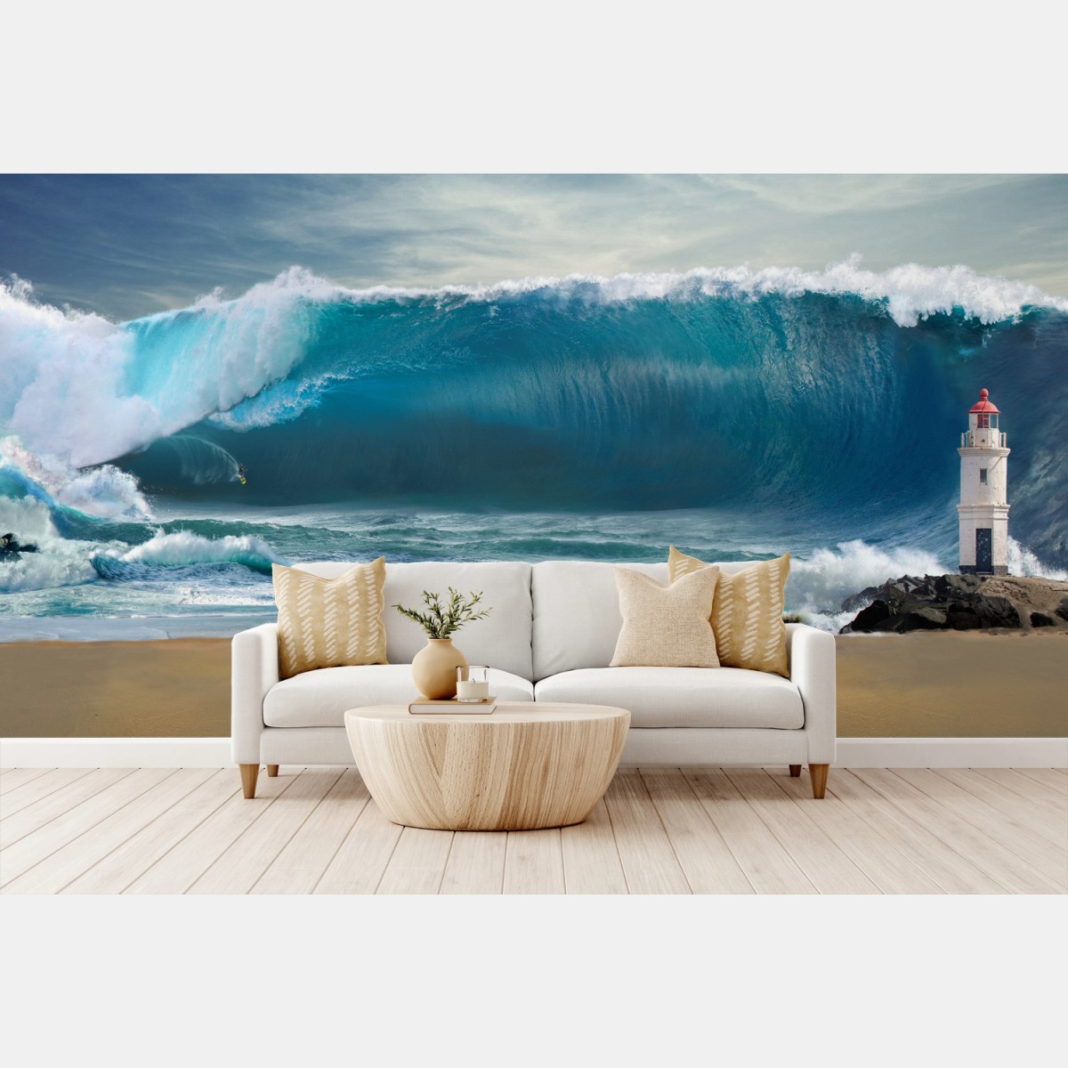 Wall mural towering turquoise wave with lighthouse • Wallissimo®