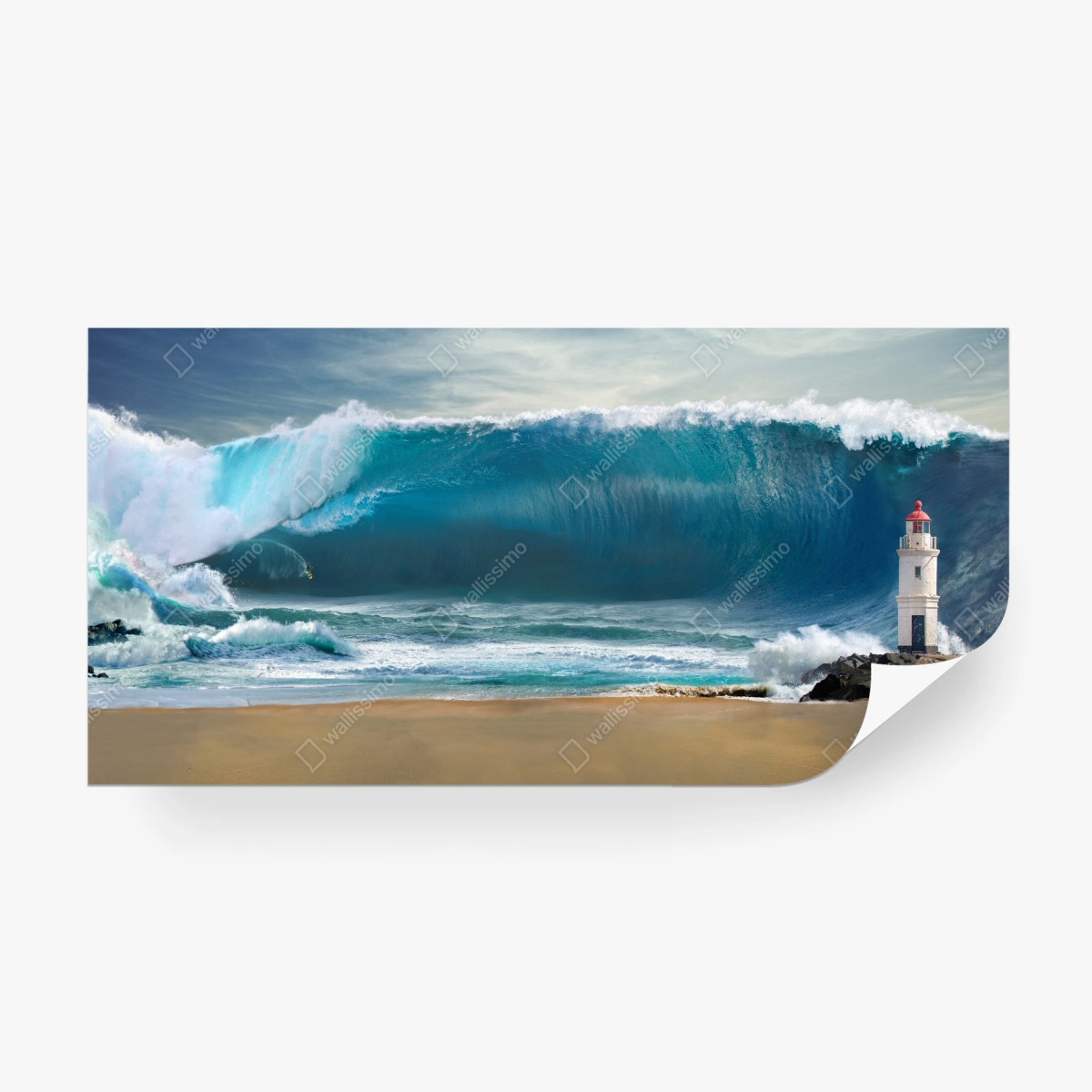 Wall mural towering turquoise wave with lighthouse • Wallissimo®