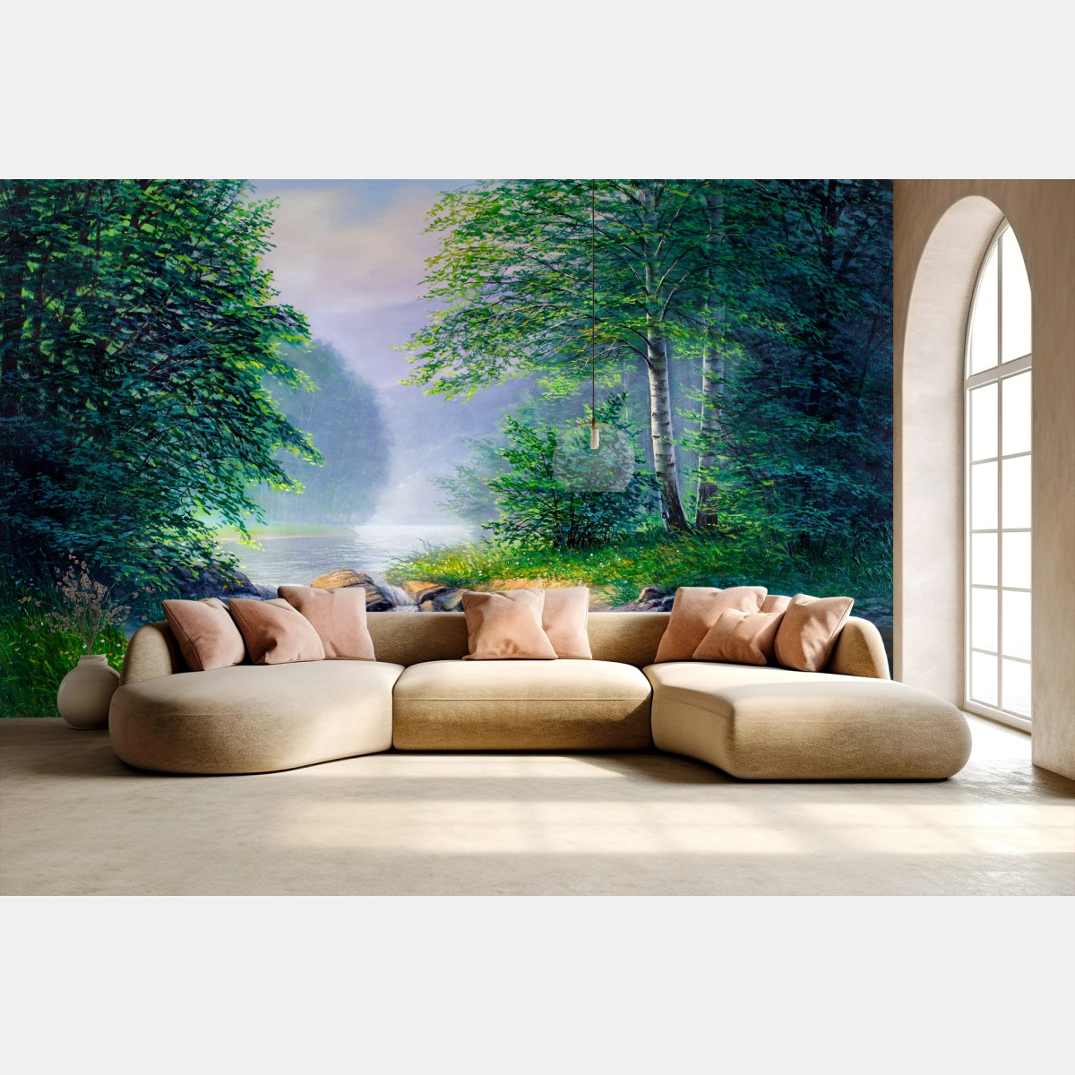 Wall mural serene summer forest waterfall landscape • Wallissimo®