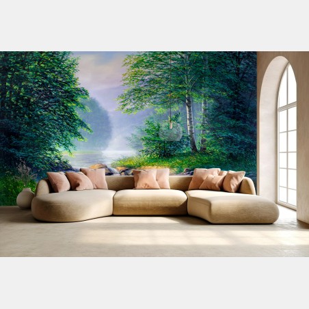 Wall mural serene summer forest waterfall landscape • Wallissimo®