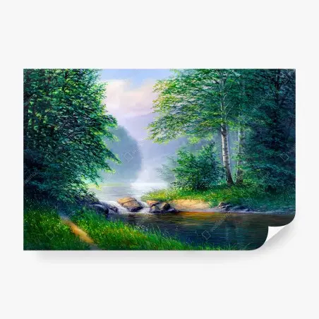 Wall mural serene summer forest waterfall landscape • Wallissimo®