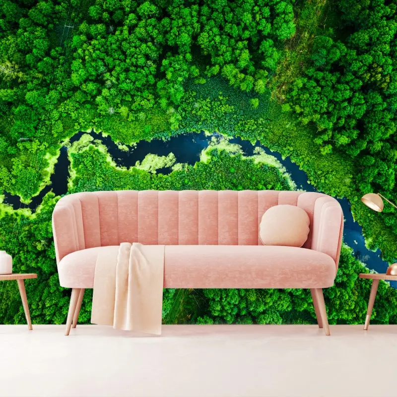 Wall mural lush aerial river through green forest