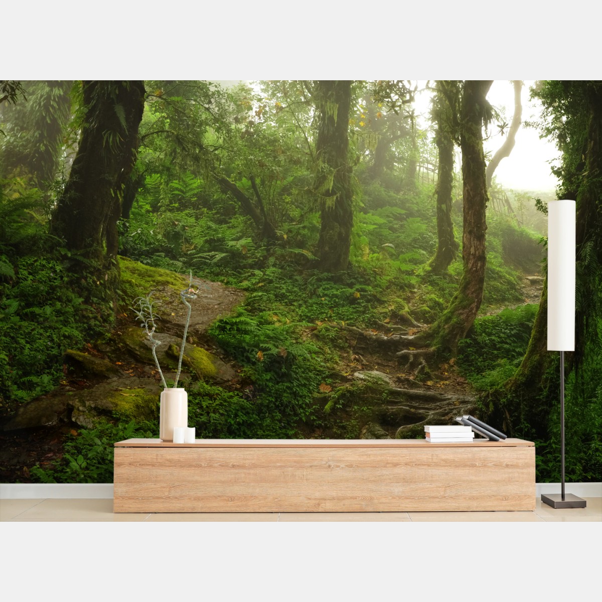 Wall mural misty green forest trail • Wallissimo®