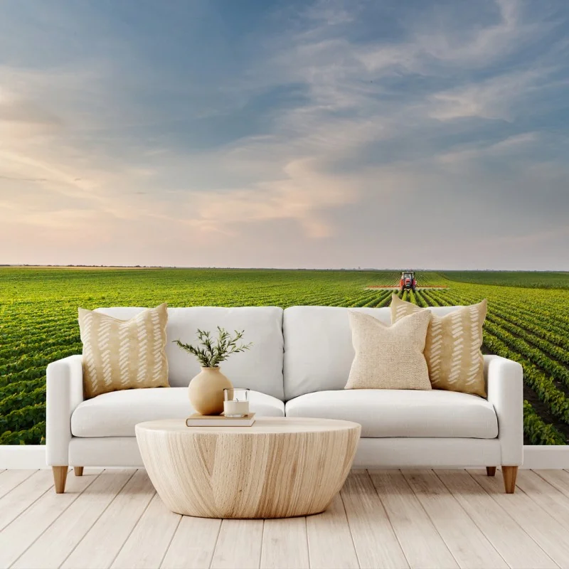 Wall mural sunset over soybean fields with tractor