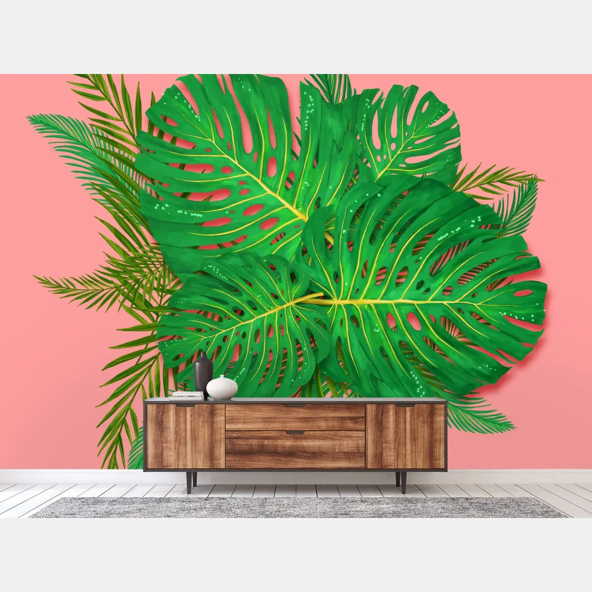 Wall mural vibrant monstera leaves on pink background • Wallissimo®