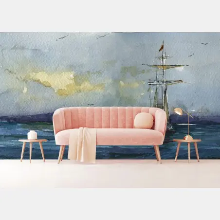 Wall mural sailing ship watercolor seascape • Wallissimo®