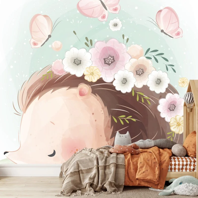 Wall mural sleepy hedgehog with flowers • Wallissimo® Wall mural sleepy hedgehog with flowers • Wallissimo®
