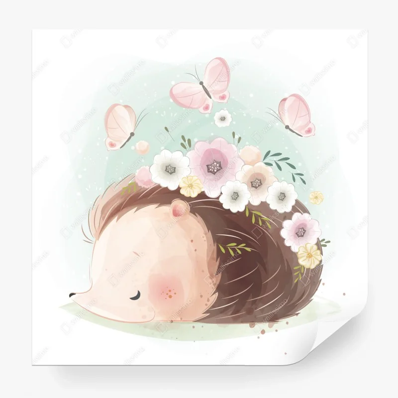 Wall mural sleepy hedgehog with flowers • Wallissimo® Wall mural sleepy hedgehog with flowers • Wallissimo®
