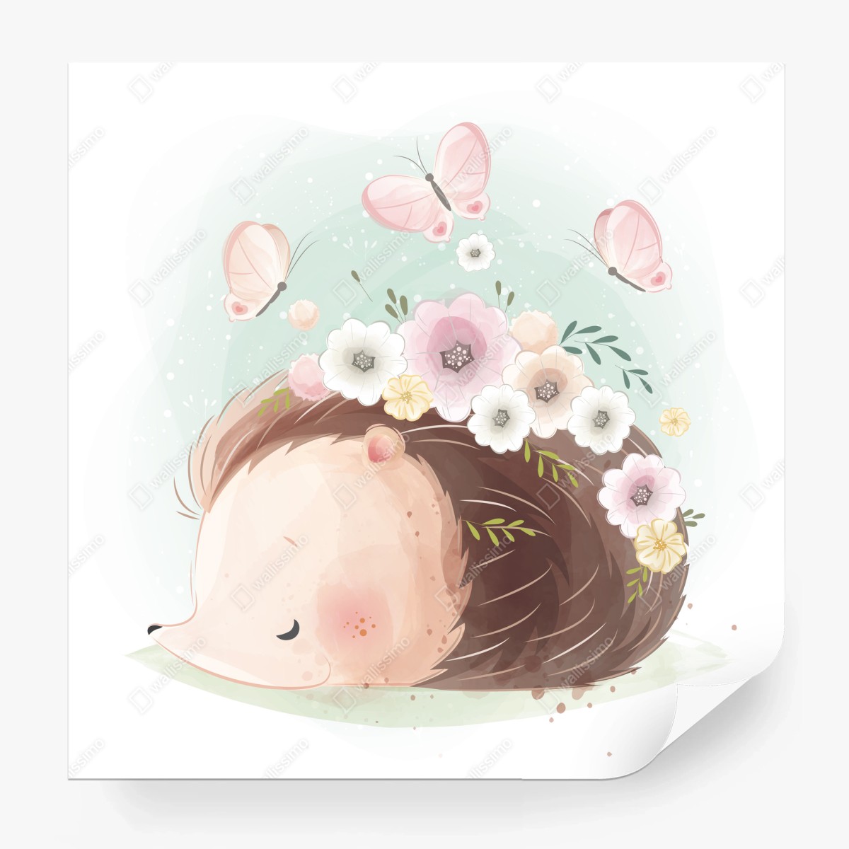 Wall mural sleepy hedgehog with flowers • Wallissimo® Wall mural sleepy hedgehog with flowers • Wallissimo®