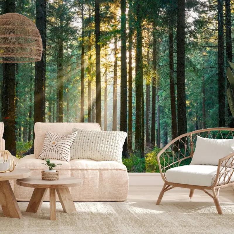 Wall mural silent forest with sun rays
