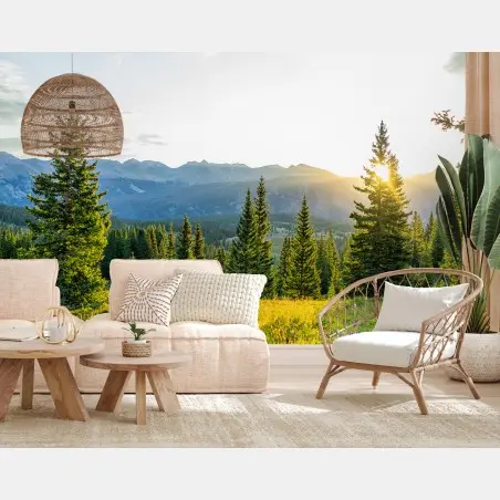 Wall mural sunlit mountain meadow at sunrise • Wallissimo®