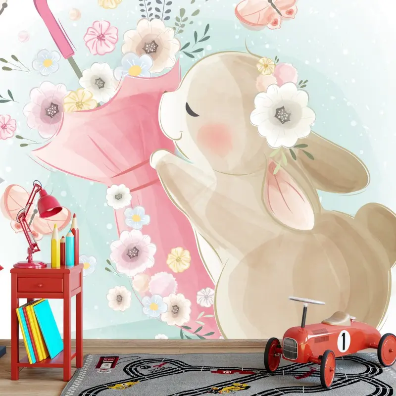 Wall mural cute bunny with umbrella and flowers
