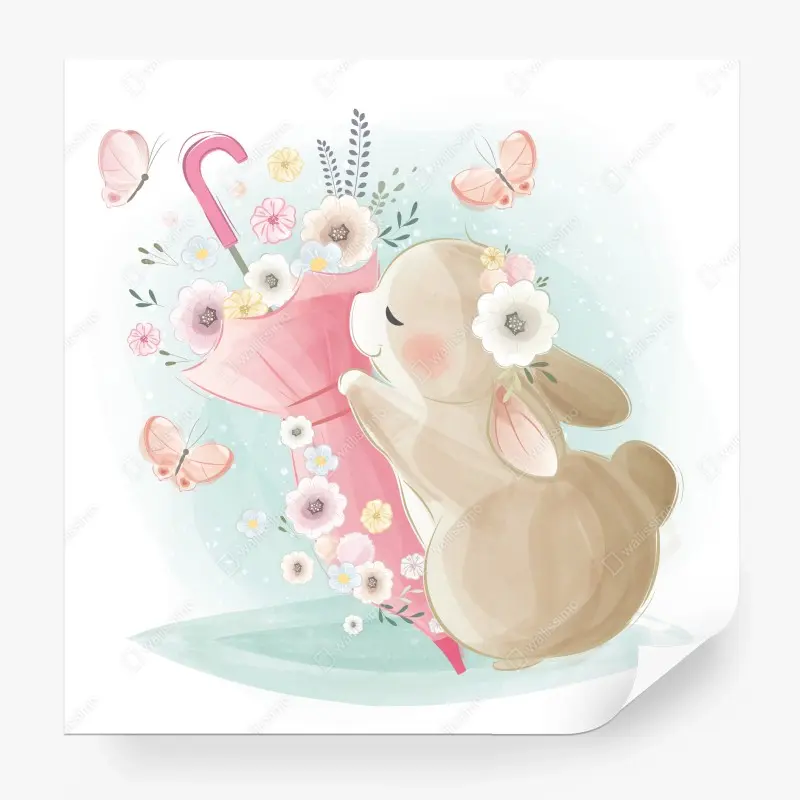 Wall mural cute bunny with umbrella and flowers