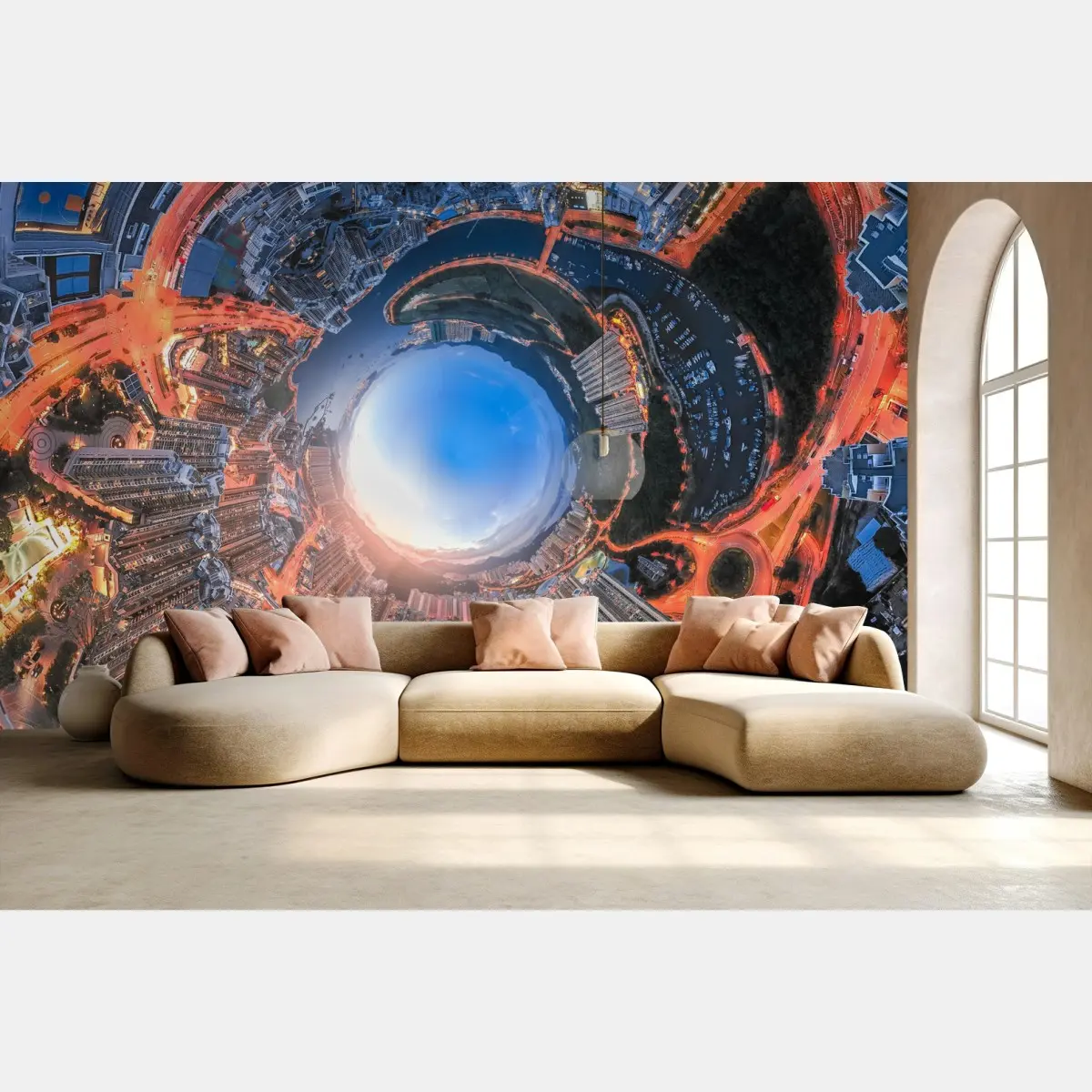 Wall mural tiny planet cityscape at dusk • Wallissimo®