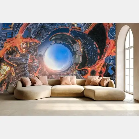 Wall mural tiny planet cityscape at dusk • Wallissimo®