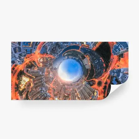 Wall mural tiny planet cityscape at dusk • Wallissimo®