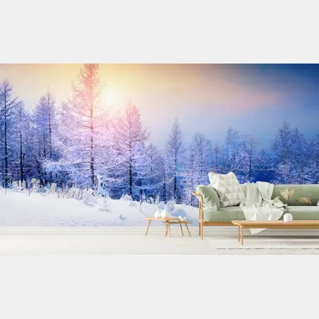 Wall mural winter sunrise in a snowy forest • Wallissimo®