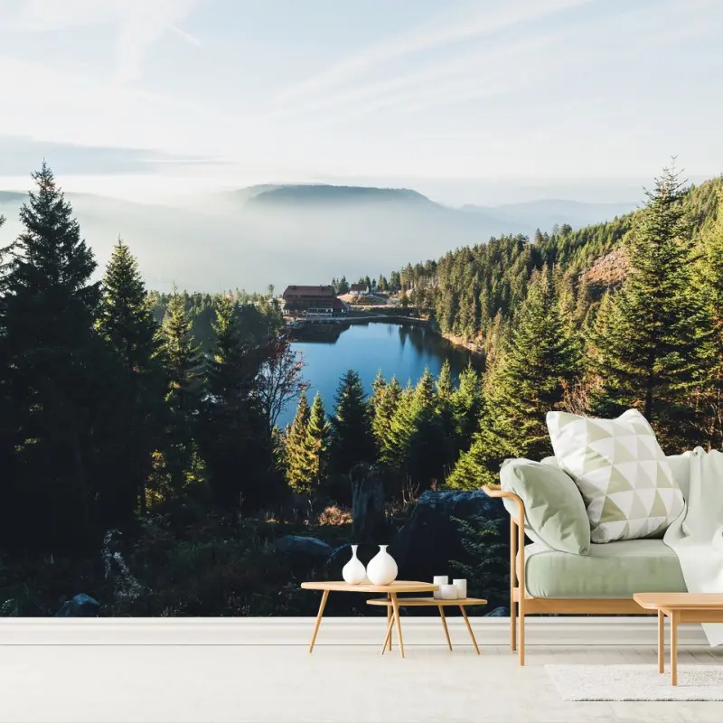 Wall mural misty mountain lake at dawn