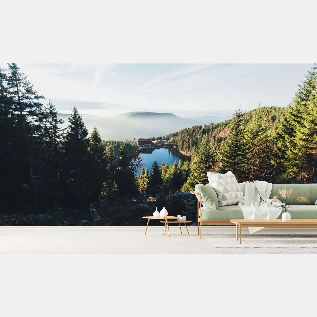 Wall mural misty mountain lake at dawn • Wallissimo®
