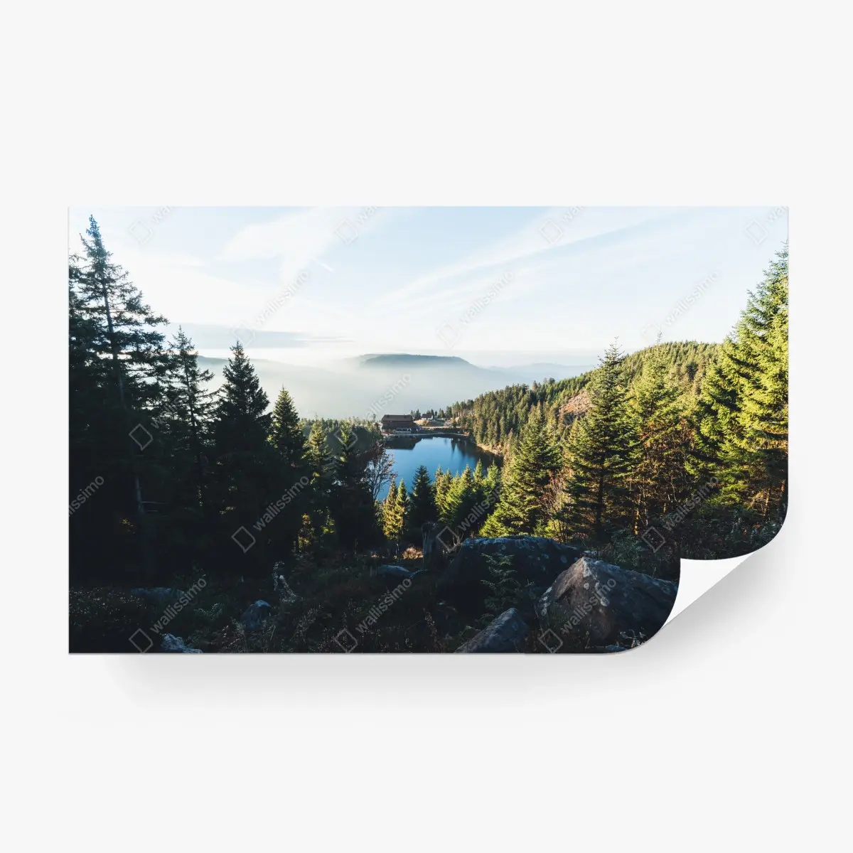 Wall mural misty mountain lake at dawn • Wallissimo®