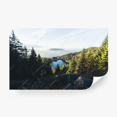 Wall mural misty mountain lake at dawn • Wallissimo®